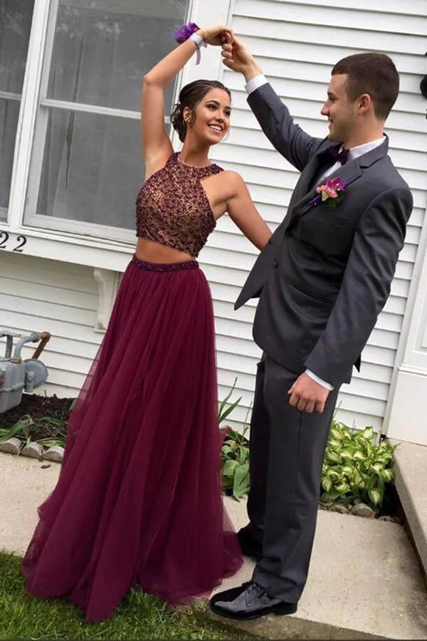 Vestido de noche formal de dos piezas con cuello halter, tul burdeos, espalda abierta y cuentas, vestidos de fiesta